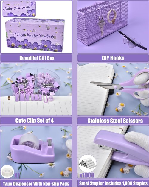 LXEVIHK Purple Desk Organizers and Accessories With Mesh Desk Organizer and 360°Rotating Pen Holder and a Lot of Office Purple Office Supplies Beautifully Presented in a Gift Box, Back to School