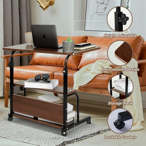QZMDSM Portable Rolling Desk - Adjustable Height Small Standing Desk with Wheels | 32" Brown Computer Desk with Storage Shelves for Home Office