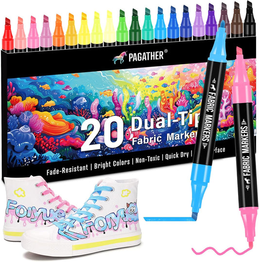 Skiennix Fabric Markers - Permanent Dual Tip Paint Pens | 20 Colors for Clothing & Canvas
