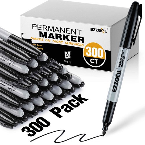 Ezzgol Permanent Markers Bulk, 300 Pack Fine Tip Black Permanent Markers, Waterproof Markers,