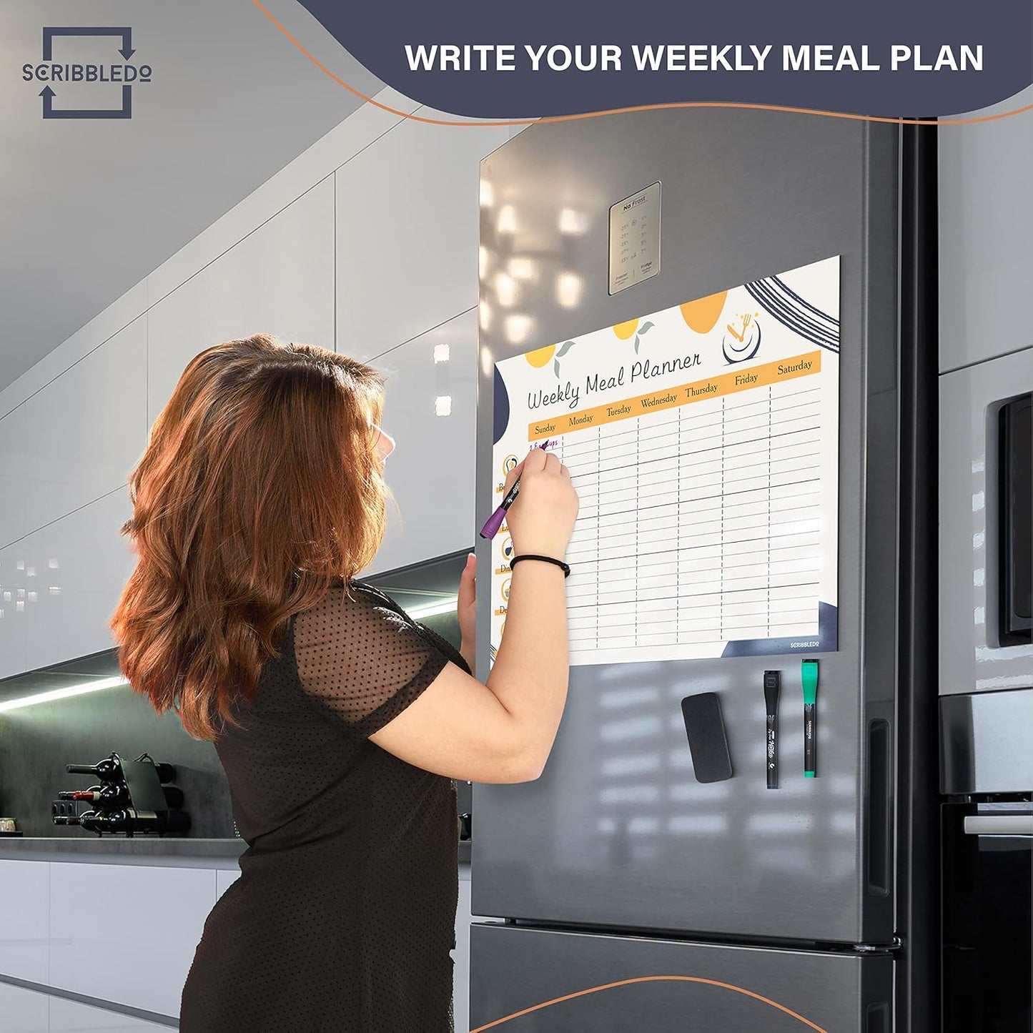 Skiennix Weekly Meal Planner - 13" x 17" Magnetic Dry Erase Whiteboard for Fridge | Includes 6 Markers