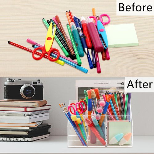 Dicunoy Acrylic Desk Organizer, Clear Pen Holder with 7 Compartments, Stationary Notebooks Pencils Storage for School, Classroom, Artist, Student, Office, Craft Room Supplies, Makeup Organization