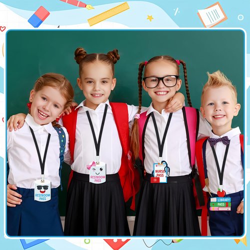 6 Sets Hall Pass Lanyards Wooden School Passes Set Unbreakable Classroom Passes Colorful Cartoon Style Hall Pass for Classroom School Restroom Library Office Nurse Teachers Gift Supplies