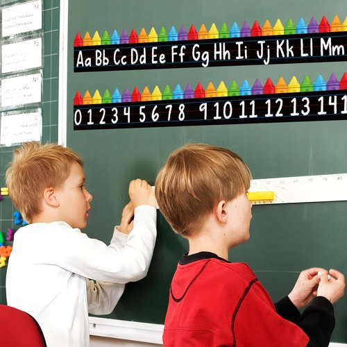 15 PCS Alphabet Bulletin Board Strips Set Alphabet Crayon Bulletin Board Posters ABC Number Line Wall Decor Die-Cut 26 Letter and 0-20 Number Border for Kindergarten Classroom Playroom Bedroom Decor