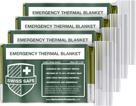 Swiss Safe Mylar Emergency Blankets - Compact & Insulated for Cold Weather | 4-Pack in Army Green