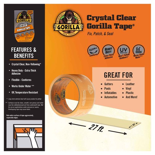 Gorilla Crystal Clear Repair Duct Tape, 1.88” x 9 yd, Clear, (Pack of 4)
