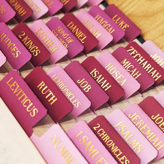 Skiennix Laminated Bible Tabs - Gold Foil Embossed Index Labels for Easy Navigation | 105 Chapters (Pink)