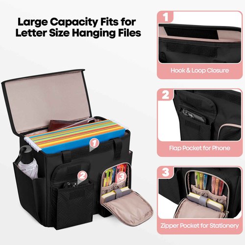 Prokva Hanging File Organizer Box with Lid, Portable Document Organizer Bag with Handle, Suitable for Letter Size Hanging File Folders, Black