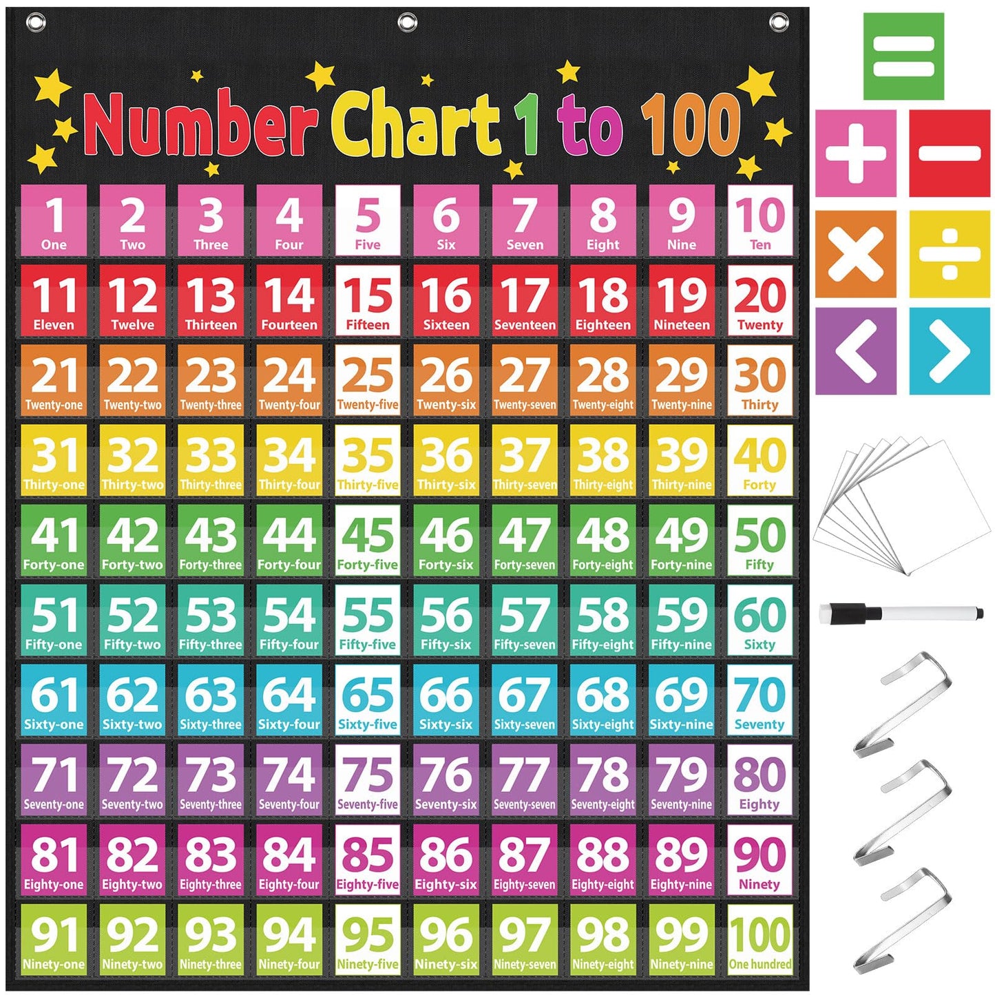 Frienda Hundreds Pocket Chart for Classroom with 100 Pockets 107 Double-Sided Number Cards 26 Blank Cards 1 Pen 3 Hooks Number Chart 1-100 for Classroom Home Learning Counting and Organizer(Classic)
