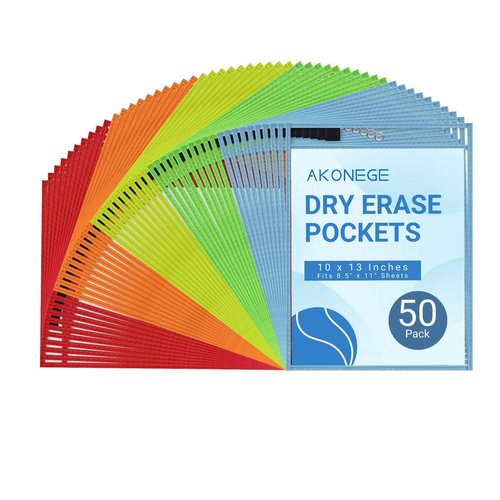 AKONEGE 50 Pack Oversized Dry Erase Pocket Sleeves - 10 x 13 Inch Ticket Holders Reusable Clear Plastic Sleeves Sheet Page Protectors for School Teacher Supplies & Classroom Organization, 5 Colors