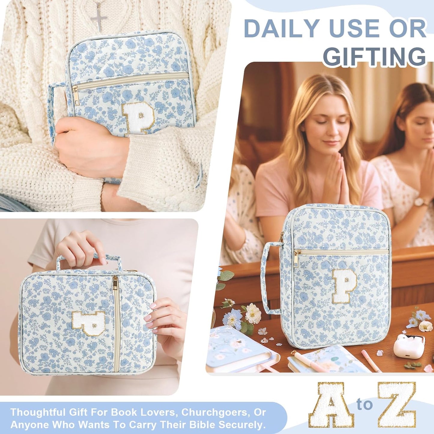 Skiennix Personalized Initial Bible Cover Case - Large Quilted Design with Handle, Stylish Blue Flower for Women & Kids