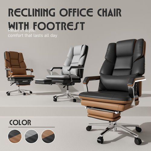 SeekFancy Reclining Office Chair with Footrest, Big and Tall Office Chair 500lbs with Wide Seat and Lumbar Support for Heavy People, High Back, PU Leather, Black