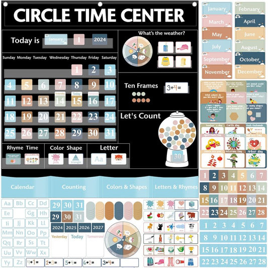 357 Pcs Circle Time Center Pocket Chart Boho Classroom Circle Time Calendar Weather Color Counting Calendar Learning Activities Educational Materials for Kids Toddler Home School Decoration Supplies