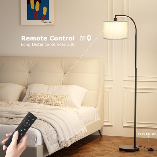 Arc Floor Lamp with Remote and Stepless Dimmable Bulb, Colors Temperature & Brightness Adjustable, Floor Lamps for Living Room（Grey Shade & Black Pole）