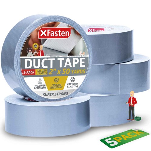 XFasten Silver Duct Tape Heavy Duty Waterproof 2 Inch x 50 Yards (5-Pack, 750ft Total) 11 mils Super Strong Grey Duct Tape Bulk for Outdoor Use, HVAC, Automobile, Indoor, Repair and Patching