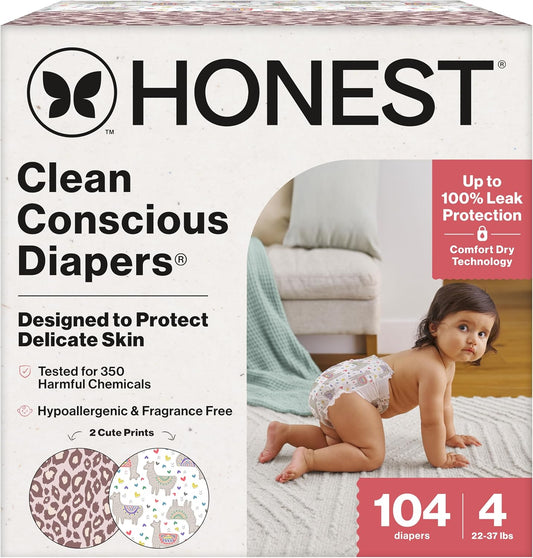 The Honest Company Comfort Dry Disposable Diapers - Hypoallergenic for Sensitive Skin | Wild Thang + All The Alpacas, Size 4 (22–37 lbs), 104 Count