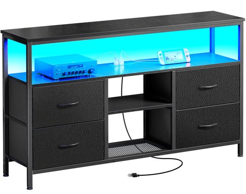 Huuger 47 Inch TV Stand Dresser with Power Outlets and LED Lights, 4 Drawers Entertainment Center with Open Shelf, Media Console for 55 50 Inch TV, Dresser with PU Finish, Black