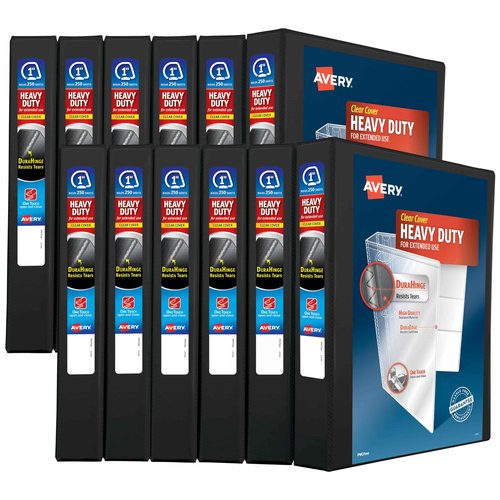 Avery Heavy-Duty View Binder, 1" EZD One Touch Rings, 275-Sheet Capacity, DuraHinge, 12 Black Binders (79699)