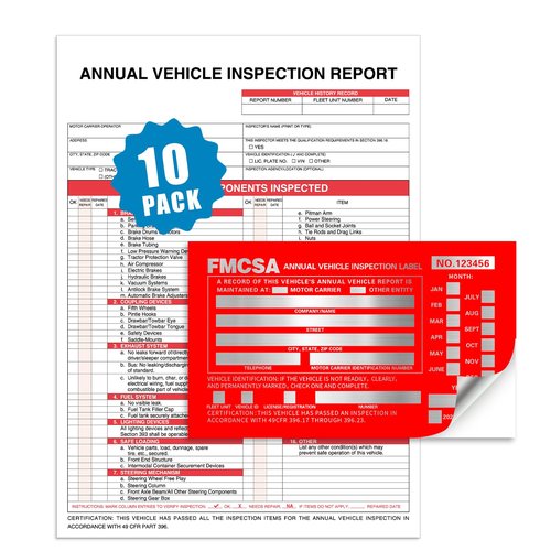 Goldenfox DOT Inspection Forms and Stickers,10-Pack,3-Ply Carbonless Annual Vehicle Inspection Report Form(8.5" x 11.75) with Red Exterior Aluminum Inspection Label(6"x3.5"), Permanent Adhesive.