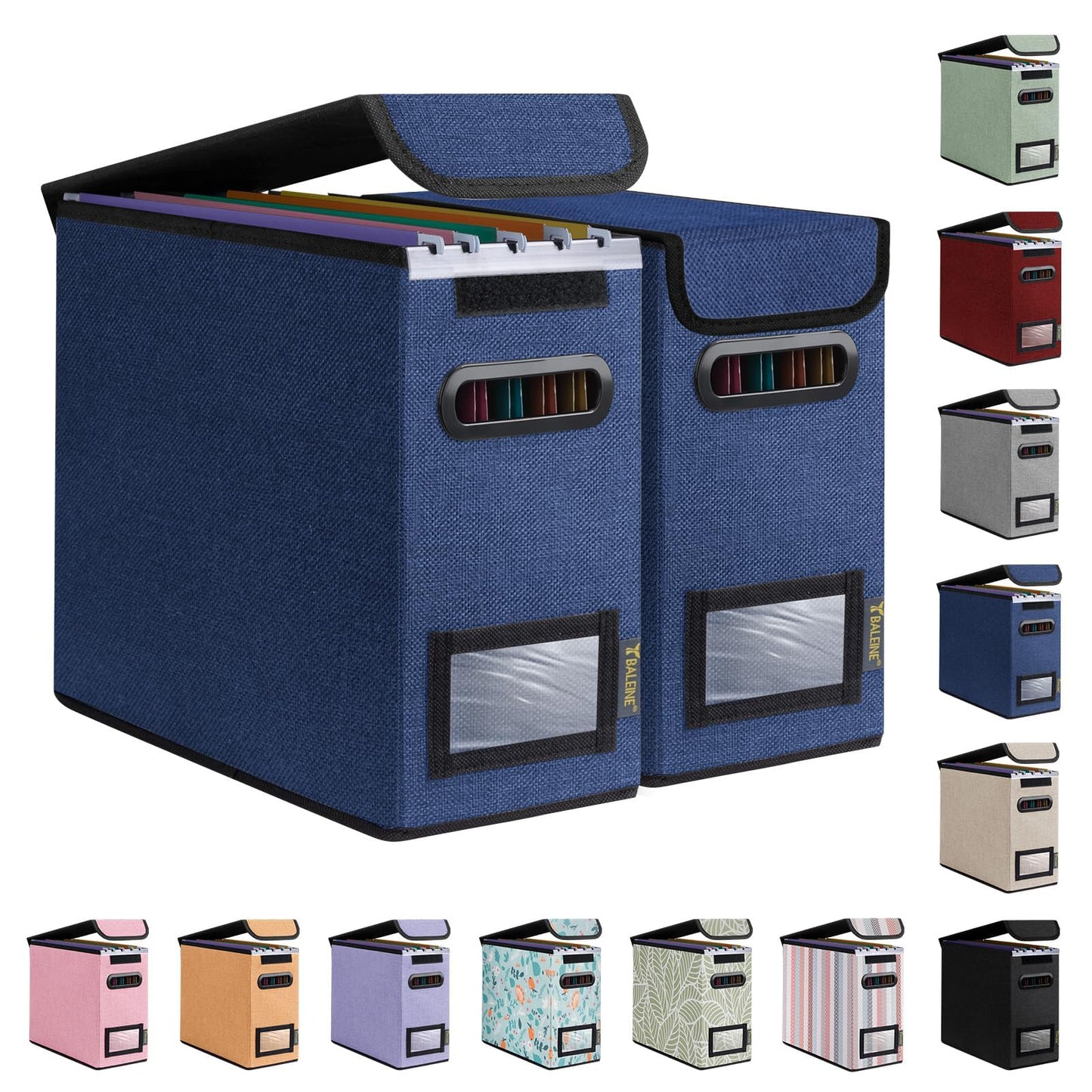 BALEINE File Organizer Box with Lid, Collapsible File Folder Organizer with Plastic Slide, Hanging File Folder Box for Office Document Storage (2 Pack, Blue, S)