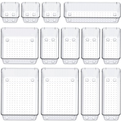 SMARTAKE 13-Piece Drawer Organizers with Non-Slip Silicone Pads, 5-Size Desk Bathroom Drawer Organizer Trays Storage Tray for Makeup, Jewelries, Utensils in Bedroom Dresser, Office and Kitchen, Clear
