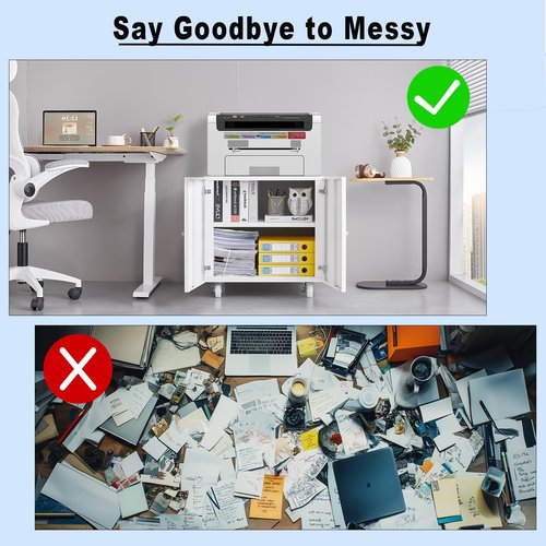 FURSTEL Home Office Printer Stand with Storage - Mobile on Wheels Printer Cabinet, File Cabinet with Door & Adjustable Shelf, White, Compatible with Printer, Scanner, Fax, Computer