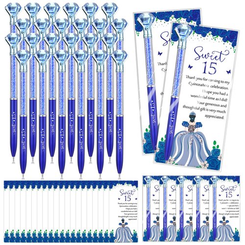 Sayglossy 50 Sets Quinceanera Party Favors Sweet 15th Thank You Gifts Big Crystal Diamond Pens with Thank You Cards Retractable Ballpoint Bling Pens 15 Birthday Mis Quince Gifts for Guests(Navy Blue)