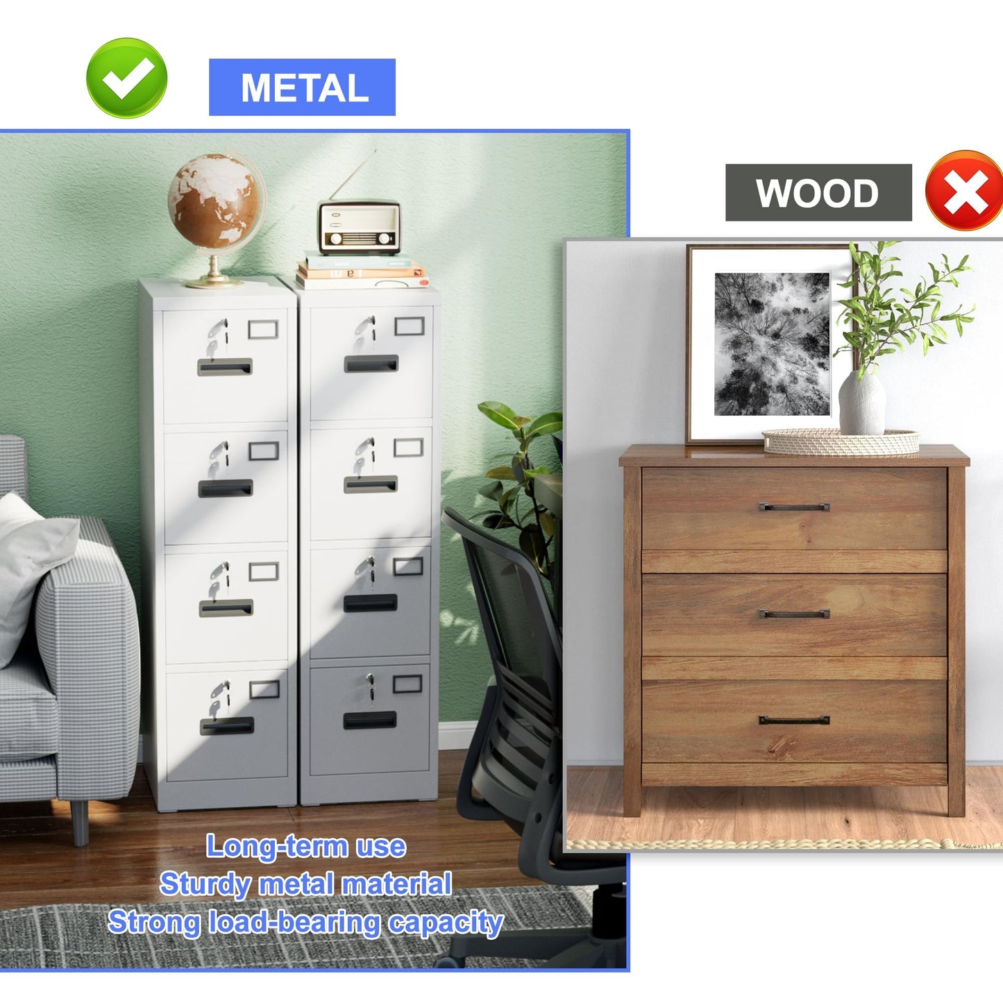 SUXXAN 4 Drawer File Cabinet, Metal Vertical File Storage Cabinet with Lock, Office Home Steel File Cabinet for A4 Letter/Legal Size, Assembly Required