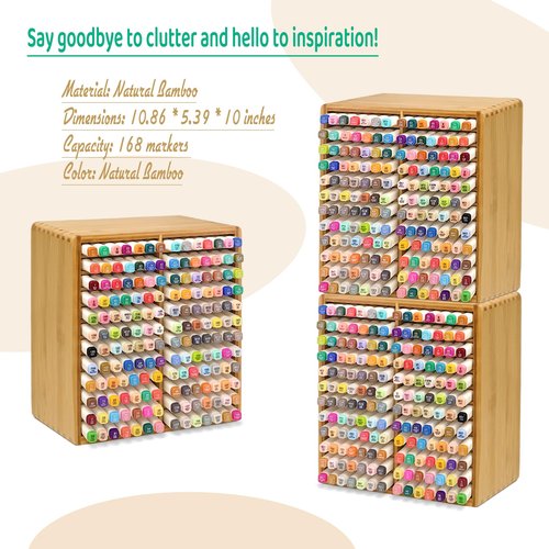 HILELIFE Marker Organizer - Holds168 Markers, Bamboo Marker Holder Organizer Desktop Marker Storage Organizer for Markers, Art Supplies, Pens, Pencils