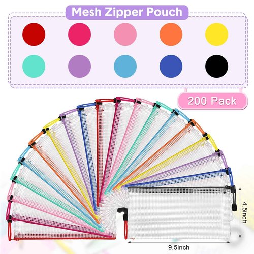 Bokon 200 Pcs 9.45 x 4.5'' Mesh Zipper Pouch Bulk 10 Colors Pencil Pouch Bulk Waterproof Clear File Bags Plastic Pencil Bags for School Travel Cosmetics Office Organizer