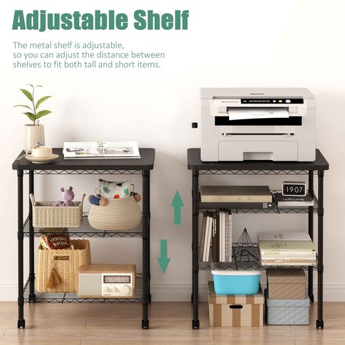 Howzone Printer Stand with Locking Wheels, Adjustable Heights 3 Tier Under Desk Table, Rolling Printer Cart Storage Paper Files Holder for Desk, Office, Home, Black