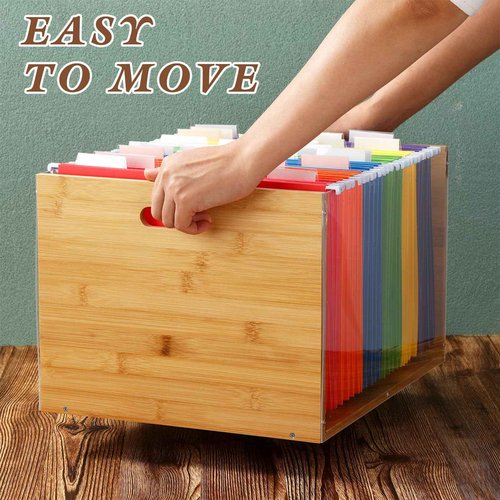 Chiisong Clear Acrylic File Box Hanging File Organizer with 30 Pcs Hanging File Folders Bamboo Hanging Folder Storage Filing Crate Bin Holder with Handle for Home Office Desk Letter Size