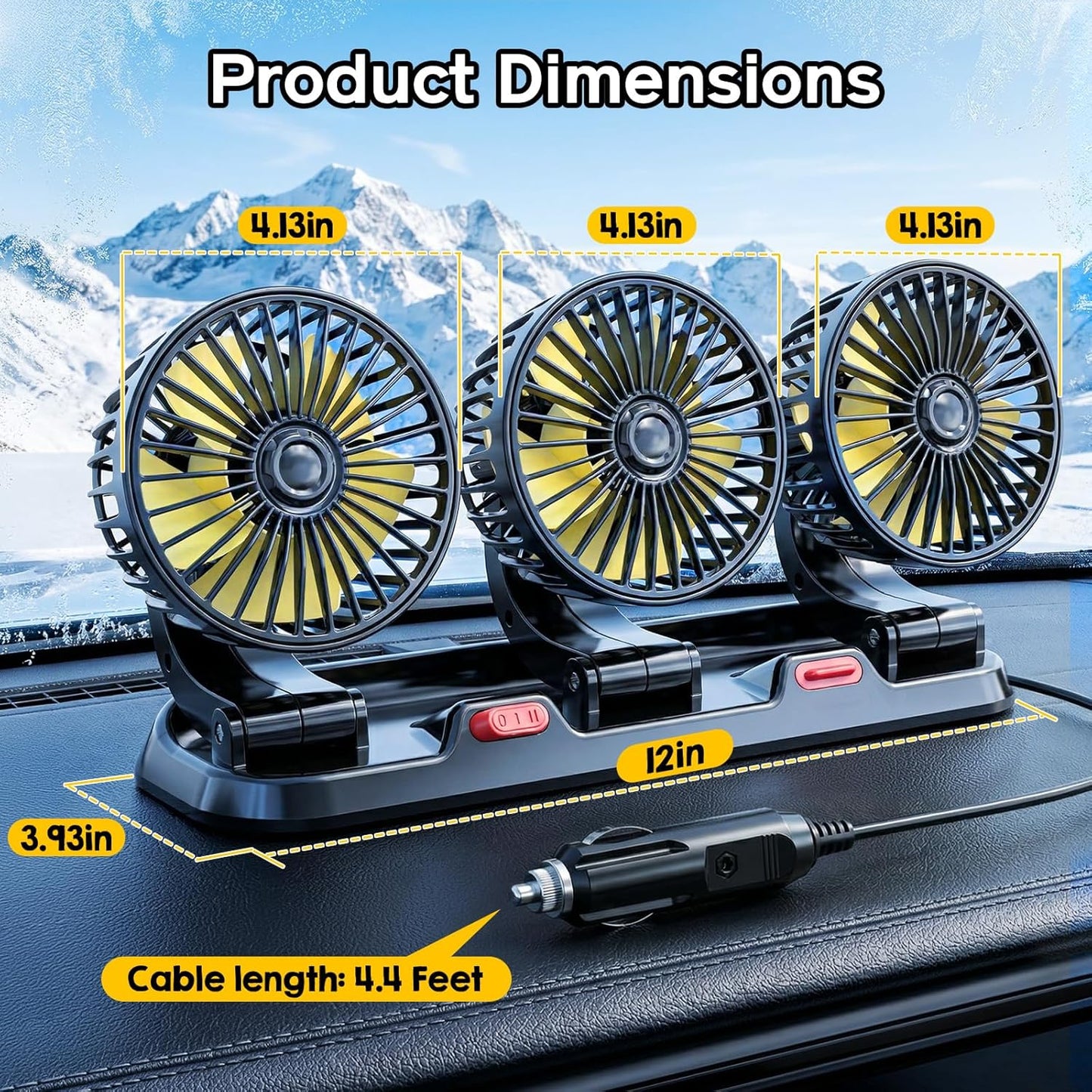 Skiennix Portable 3-Head Car Cooling Fan - Efficient Vehicle Air Circulation | Cigarette Lighter Plug