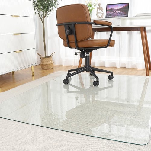 Tempered Glass Office Chair Mat, 0.2 Inch Thick Clear Glass Floor Carpet with Round Corner and Polished Edges, 1000 Lbs Capacity, Scratch-Resistant, Desk Mat for Office(55" x 46")