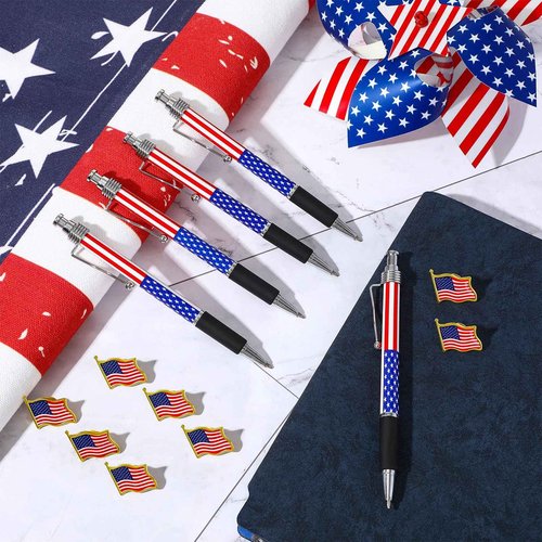 Qeeenar 200 Pcs Veterans Day Supplies include 100 Pcs Patriotic American Flag Lapel Pins and 100 Pcs USA Patriotic Themed Ballpoint Pen 1.0mm Independence Day for Home School Office Party