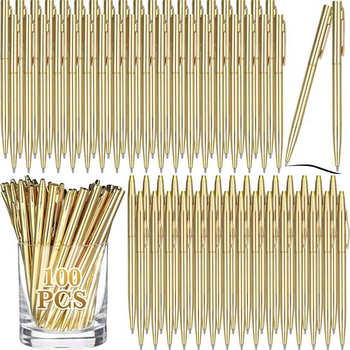 Fuutreo 100 Pack Wedding Gold Pens Bulk Gold Metal Pens Slim Ballpoint Retractable Ballpoint with Black Ink Mini Conical for Wedding Favors Guests, Office Business Teachers,1.0 mm