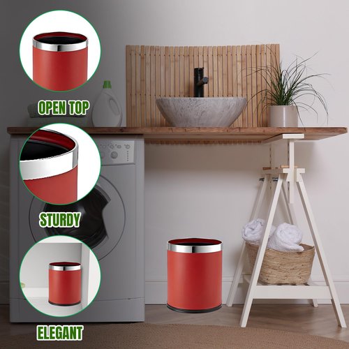 Brelso Small Office Trash Can, Open Top Small Wastebasket Bin, Invisi-Overlap' Metal Garbage Can, Waste Basket for Powder Room, Vanity, Bathroom (Red)