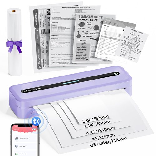 COLORWING Portable Printers Wireless for Travel, 300DPI Mini Compact Inkless Printer, Thermal Bluetooth Printer Compatible with Android and iOS Smartphone & Tablet & Laptop - Purple