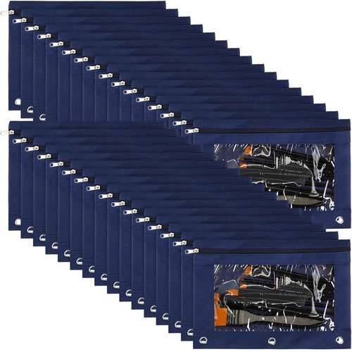 Marspark 30 Packs Pencil Pouch 3 Ring Binder Pen Pouch Cloth Pencil Pouches Zipper Pen Case Bag with Clear Window for School Office Writing Supplies Gifts(Navy Blue)