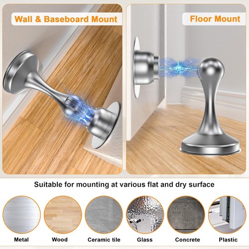 Crosize Magnetic Door Stoppers - Stainless Steel Wall & Floor Mounting | No-Drill Adhesive Tapes, Silver - 2 Pack