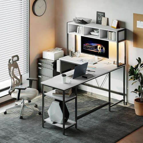 DUMOS L-Shaped Gaming Desk - 67” Reversible Computer Desk with LED Lights & Storage | White Finish