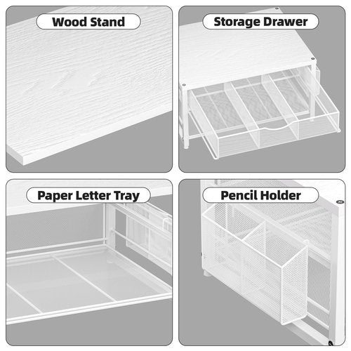 Marbrasse Wood Printer Stand for Desk, 2-Tier Desktop Printer Table for Home Office, Printer Stand with Storage Drawer 2 Pen Holders, Multi-Purpose Desk Organizer for Fax Machine Scanner Files (White)