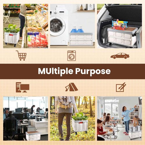 Collapsible Rolling Crate with Wheels, Foldable Utility Cart with Wooden Cover, Mobile Folding Cart for Teacher, Shopping, Camping, Office - 55L
