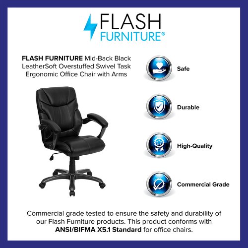 Flash Furniture Megan Mid-Back Black LeatherSoft Overstuffed Swivel Task Ergonomic Office Chair with Arms