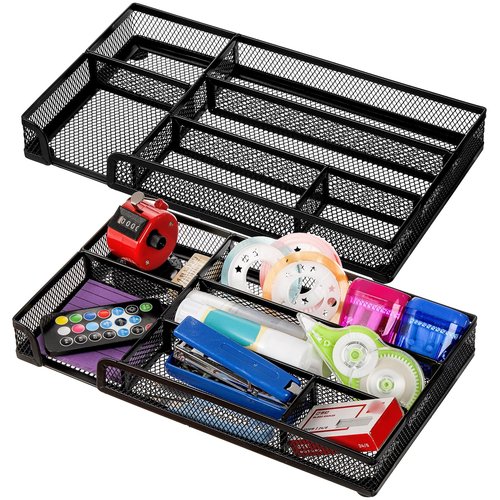 Noamus 2 Pack Desk Drawer Organizer, Metal Mesh Drawer Office Tray, 6 Compartments Pen Organizer Storage Box, Desktop Basket Accessories for Home Office School Kitchen Vanity Supplies, Black