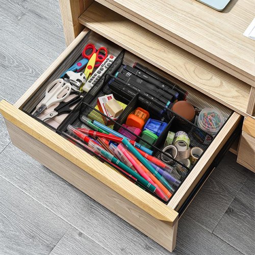 Hiceeden 2 Pack Mesh Desk Drawer Organizer, 16.1"x12.2"x2" Large Desk Organizer Tray with 2 Removable Dividers, 6 Compartment Metal Organizers for Home, Office, Makeup & Vanity