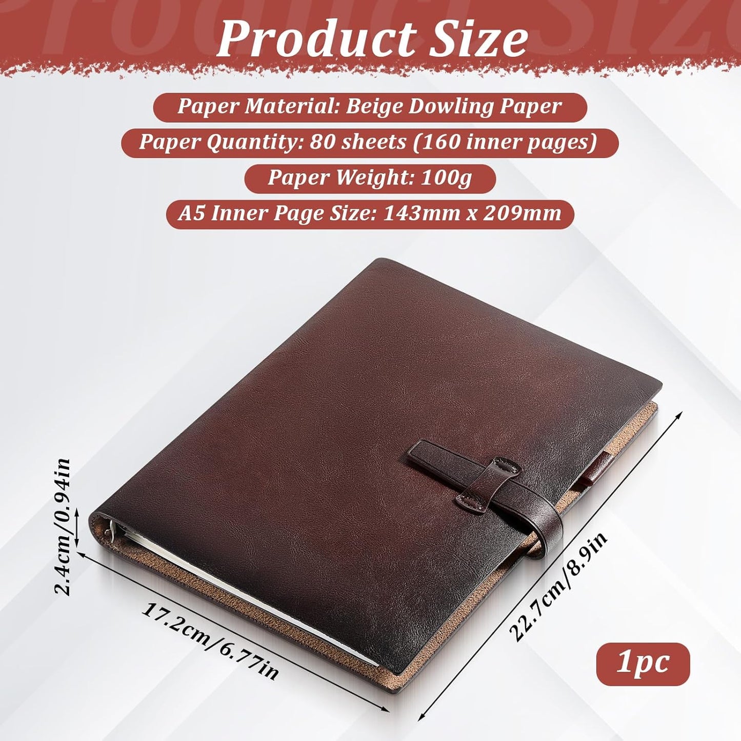 Skiennix Refillable A5 Leather Binder Notebook - Genuine Leather Journal with 6 Rings, Pocket & Card Slots