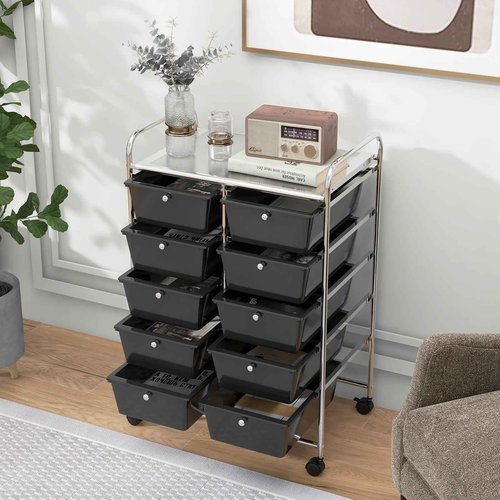HOMGX Rolling Cart with 10 Drawers, 10 Tiers Multicolor Trolley, Drawer Bin Carts with 2 Lockable Wheels, Adjustable File & Debris Organizer Cart, Rolling Storage Cart for Office, School, Home