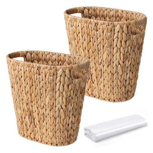 2 Pack Handwoven Water Hyacinth Trash Can - Natural Wicker Waste Basket with Wooden Handles, Slim Oval Design for Bathroom, Bedroom, Office (13"x7.5"x12") | Eco-Friendly & Space-Saving Storage Bin (2)