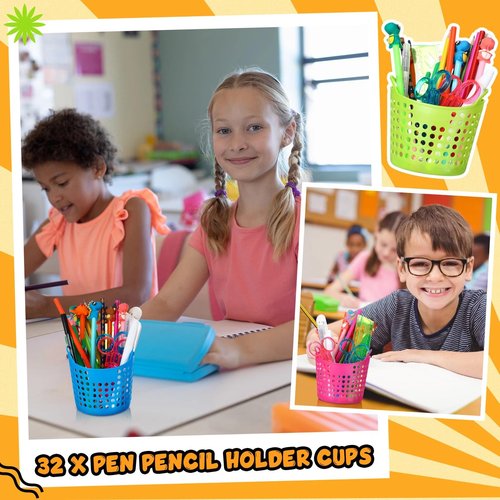 Jexine 32 Pcs Pencil Cup Bulk Pencil Basket Cute Pen Holder Organizer Stationery Caddy Different Pen Cup for Office School Home Supplies, 4 Colors